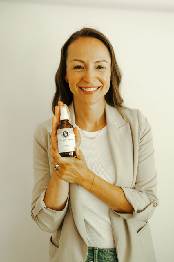 Leslie, founder of Bella Botanicals, with Bella Botanicals Witch Hazel and Lavender Fragrance Free Toner