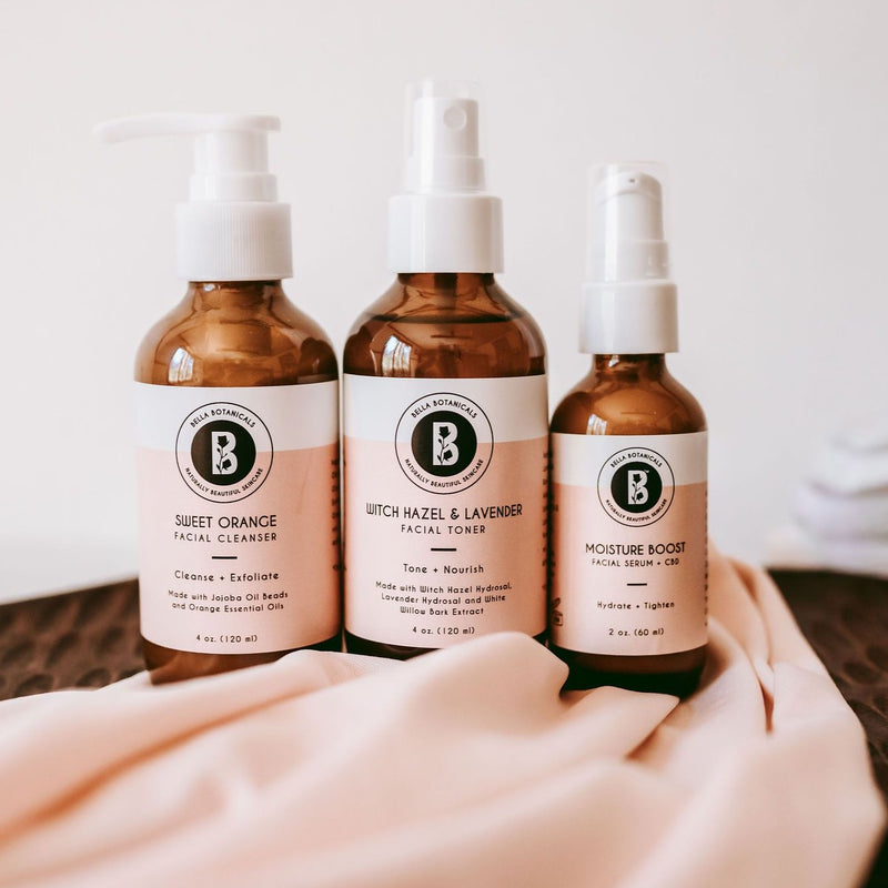 Bella Botanicals Natural Beauty Trio. This set contains 1 each of the Sweet Orange Facial Cleanser, Witch Hazel and Lavender Facial Toner and Moisture Boost Facial Serum. The perfect 3 step skin care routine for beautiful, healthy skin.